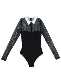 Fleur Du Mal Collared Bodysuit With Dotted Tulle -Luxury Bra Store BS0033 BLACK DTM