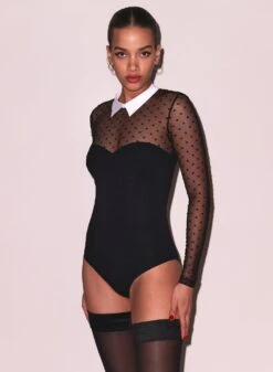 Fleur Du Mal Collared Bodysuit With Dotted Tulle -Luxury Bra Store FDM 112124 109790 full