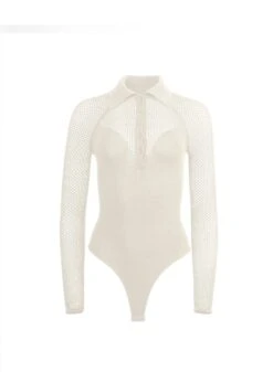 Fleur Du Mal Knit Mesh Collared Bodysuit -Luxury Bra Store ecru bs flat